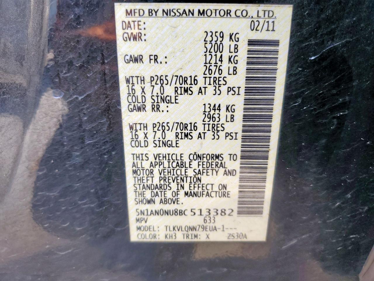 2011 Nissan Xterra Off Road VIN: 5N1AN0NU8BC513382 Lot: 84736435