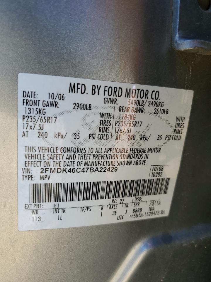 2007 Ford Edge Se VIN: 2FMDK46C47BA22429 Lot: 85587155