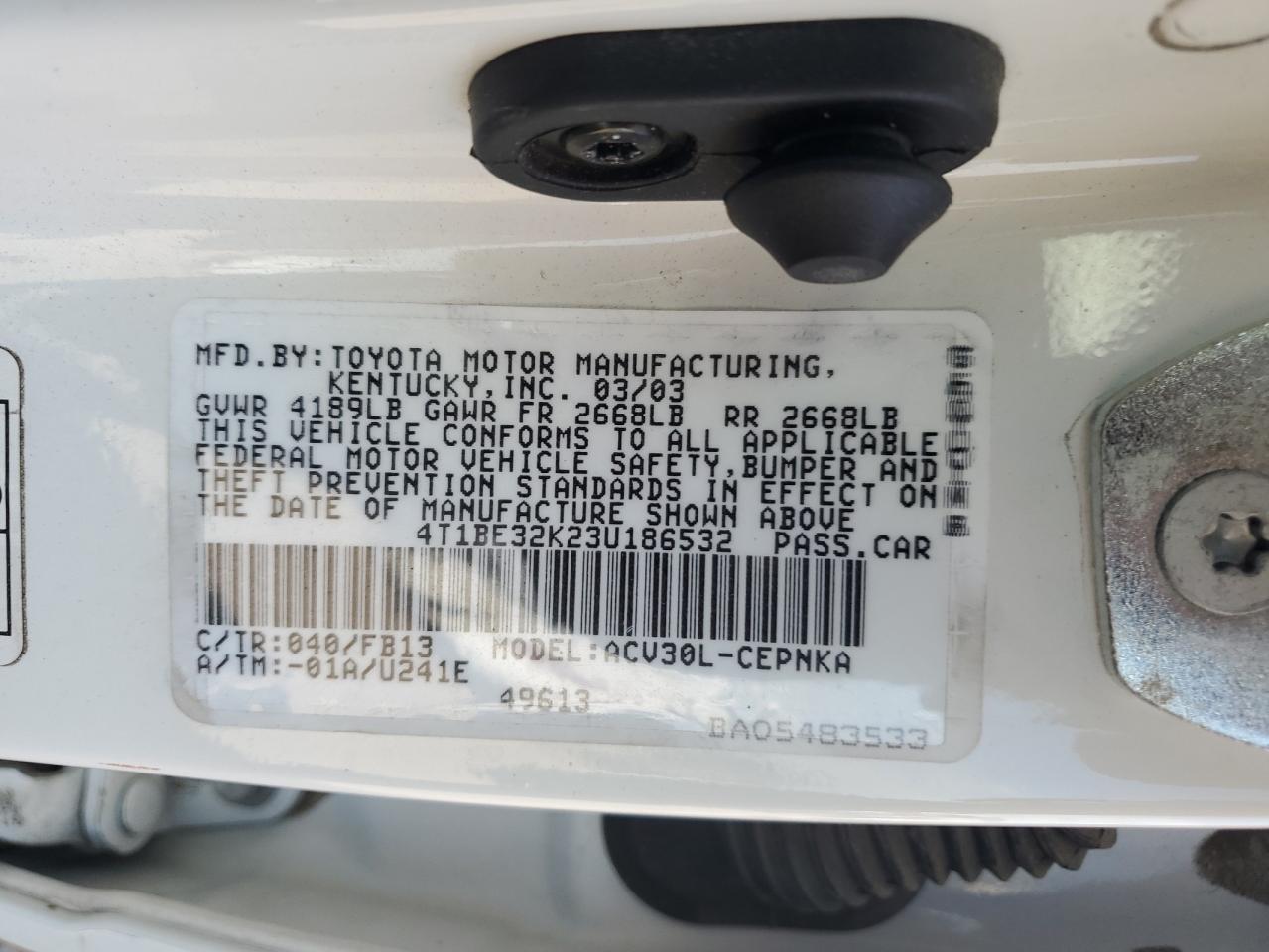 2003 Toyota Camry Le VIN: 4T1BE32K23U186532 Lot: 84928275