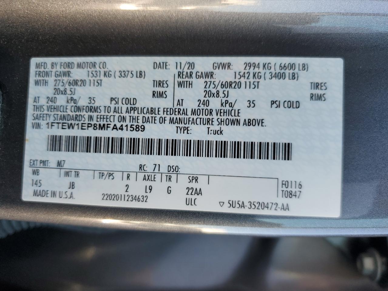 2021 Ford F150 Supercrew VIN: 1FTEW1EP8MFA41589 Lot: 91023455