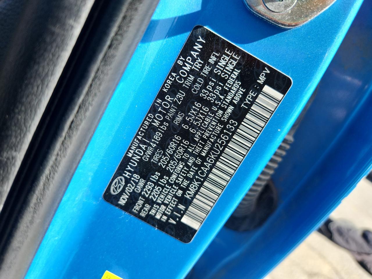 2019 Hyundai Kona Se VIN: KM8K1CAA6KU256133 Lot: 85010615