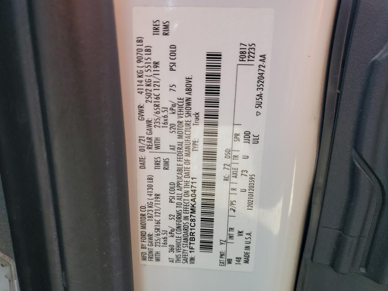 2021 Ford Transit T-250 VIN: 1FTBR1C87MKA04711 Lot: 90314105