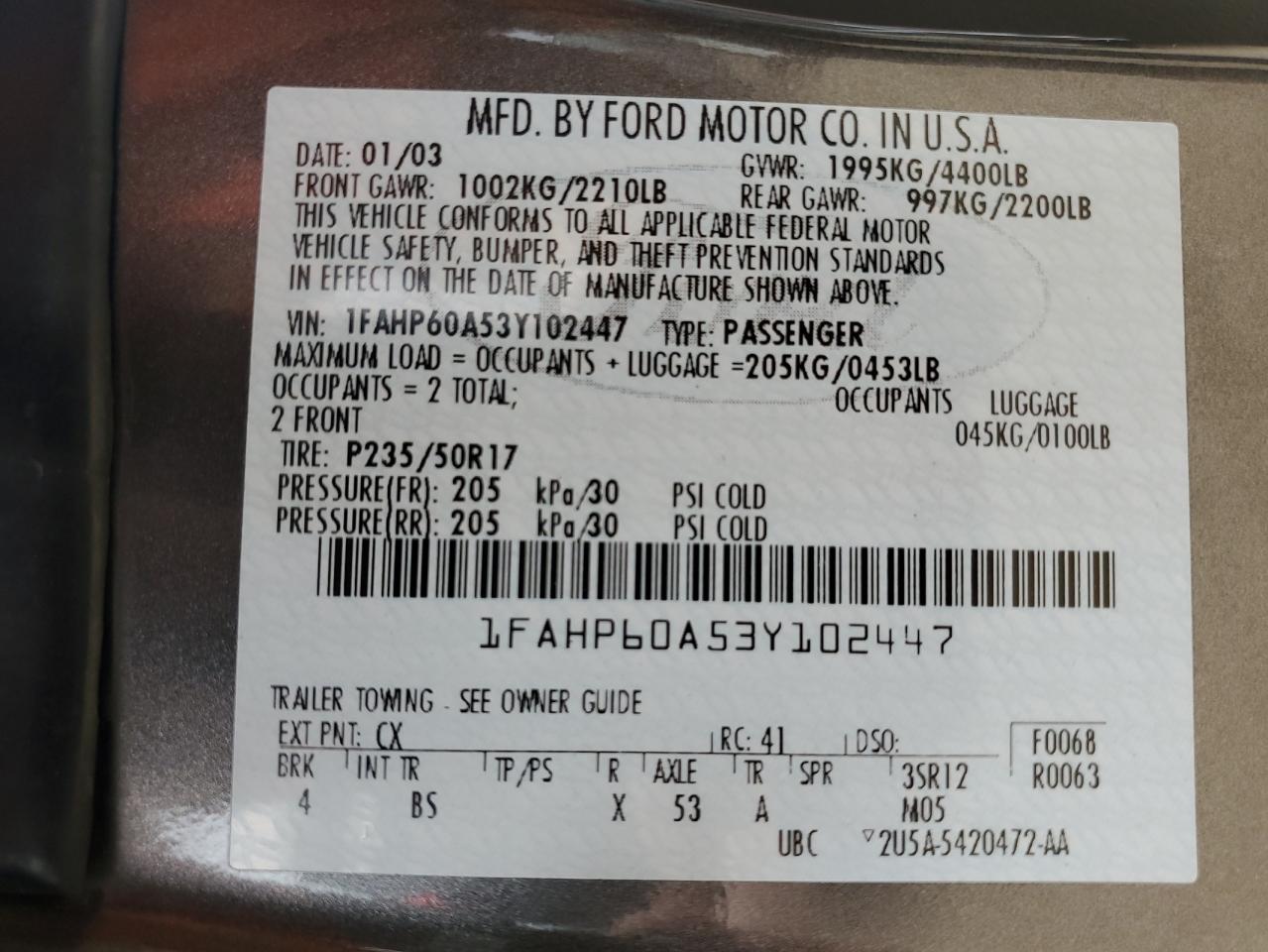 2003 Ford Thunderbird VIN: 1FAHP60A53Y102447 Lot: 86232975