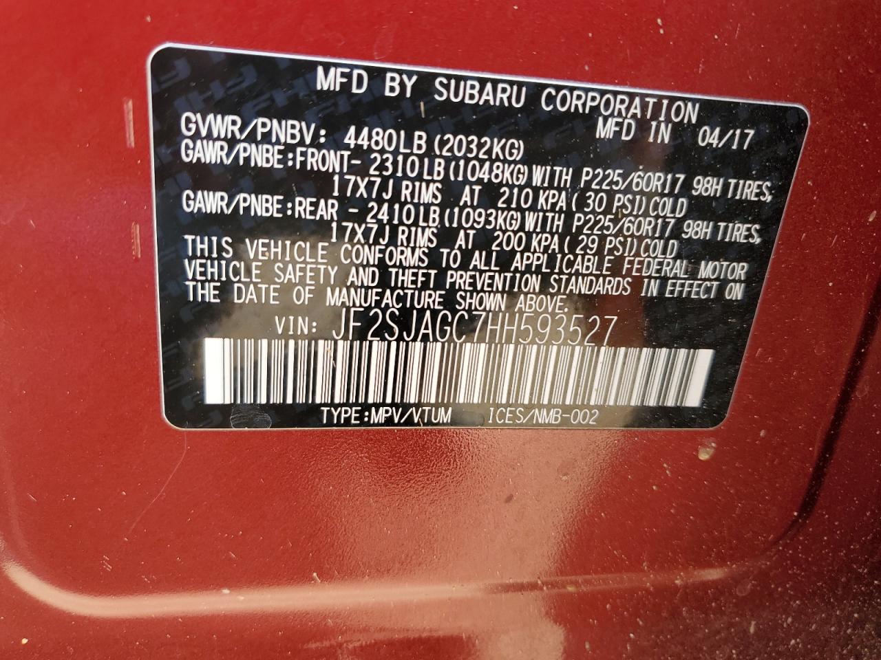 2017 Subaru Forester 2.5I Premium VIN: JF2SJAGC7HH593527 Lot: 87313065