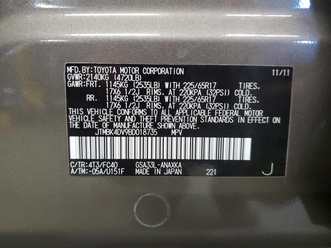 2011 Toyota Rav4 VIN: JTMBK4DV9BD018735 Lot: 85728875