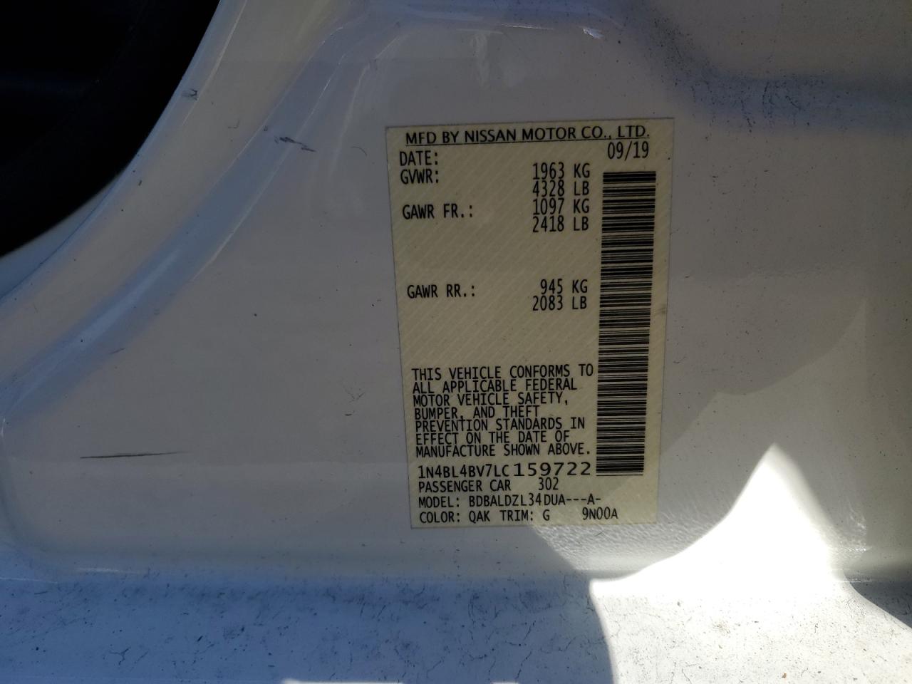 2020 Nissan Altima S VIN: 1N4BL4BV7LC159722 Lot: 85545045