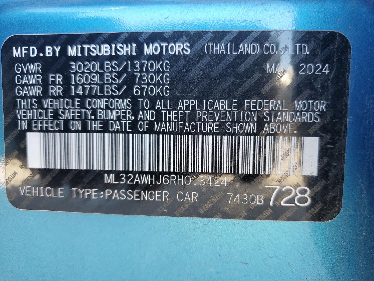 2024 Mitsubishi Mirage Se VIN: ML32AWHJ6RH013424 Lot: 87088305