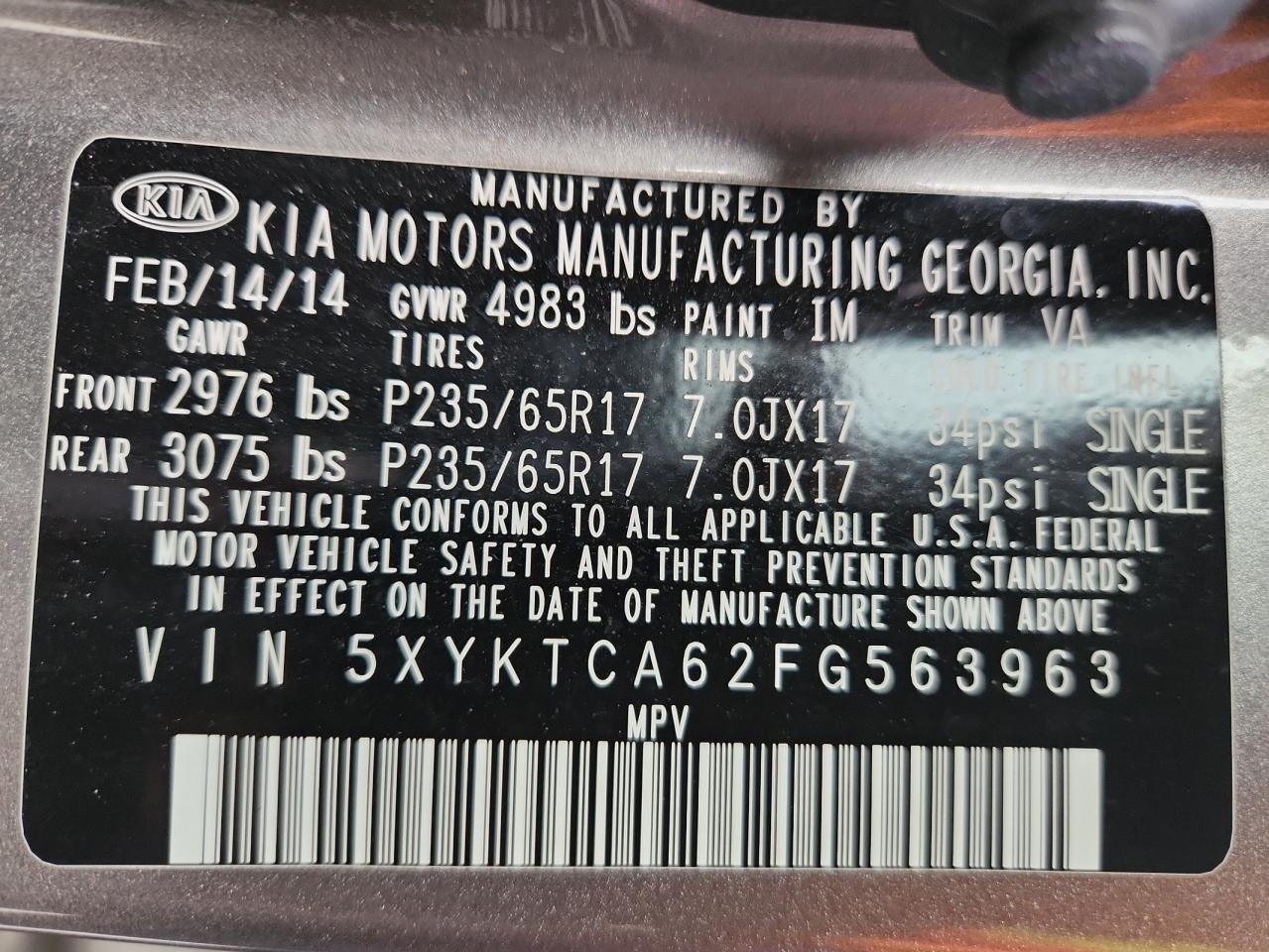 2015 Kia Sorento Lx VIN: 5XYKTCA62FG563963 Lot: 82382985