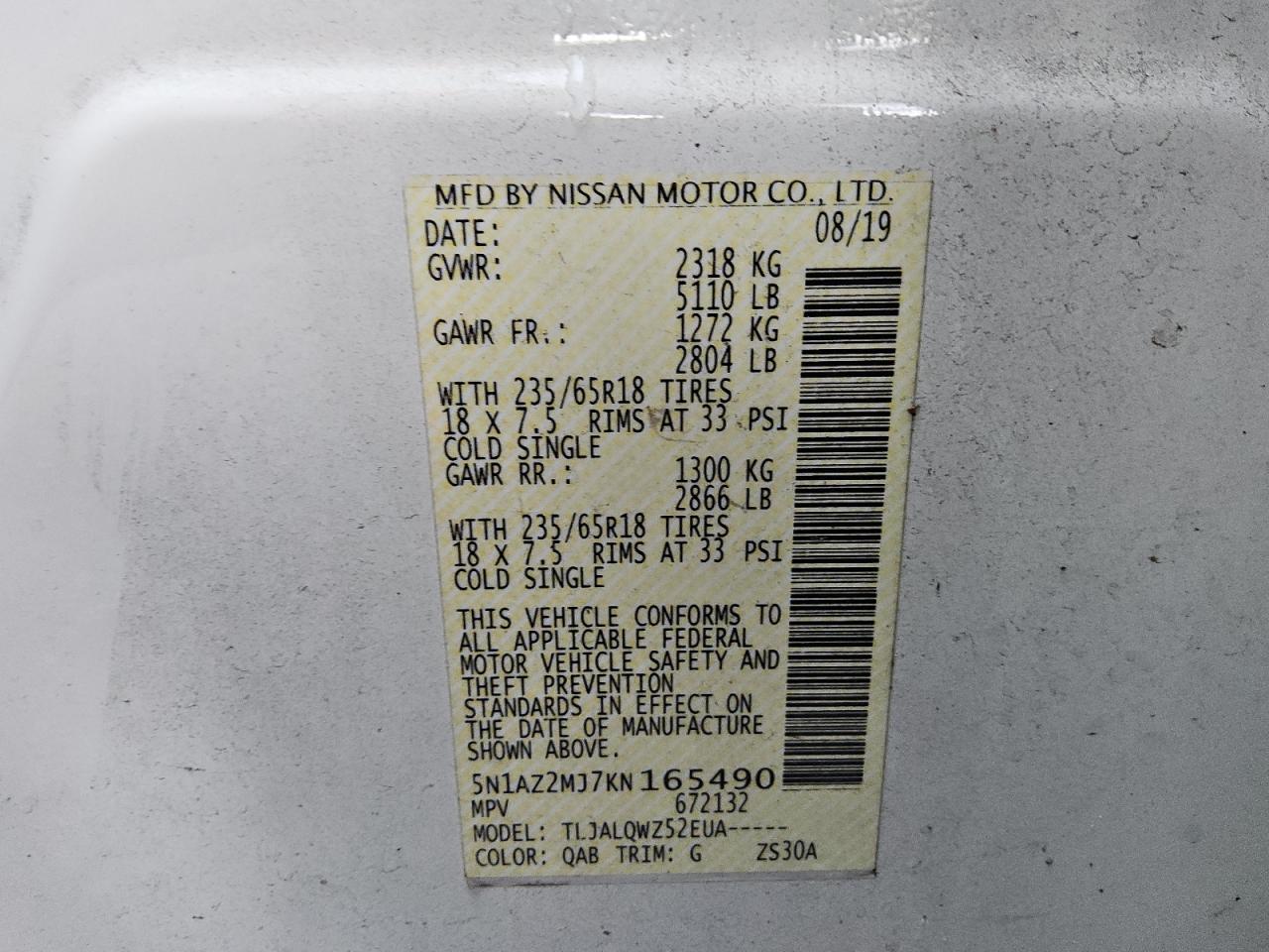 2019 Nissan Murano S VIN: 5N1AZ2MJ7KN165490 Lot: 84462165