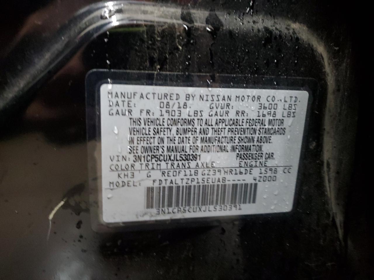 2018 Nissan Kicks S VIN: 3N1CP5CUXJL530391 Lot: 85862835