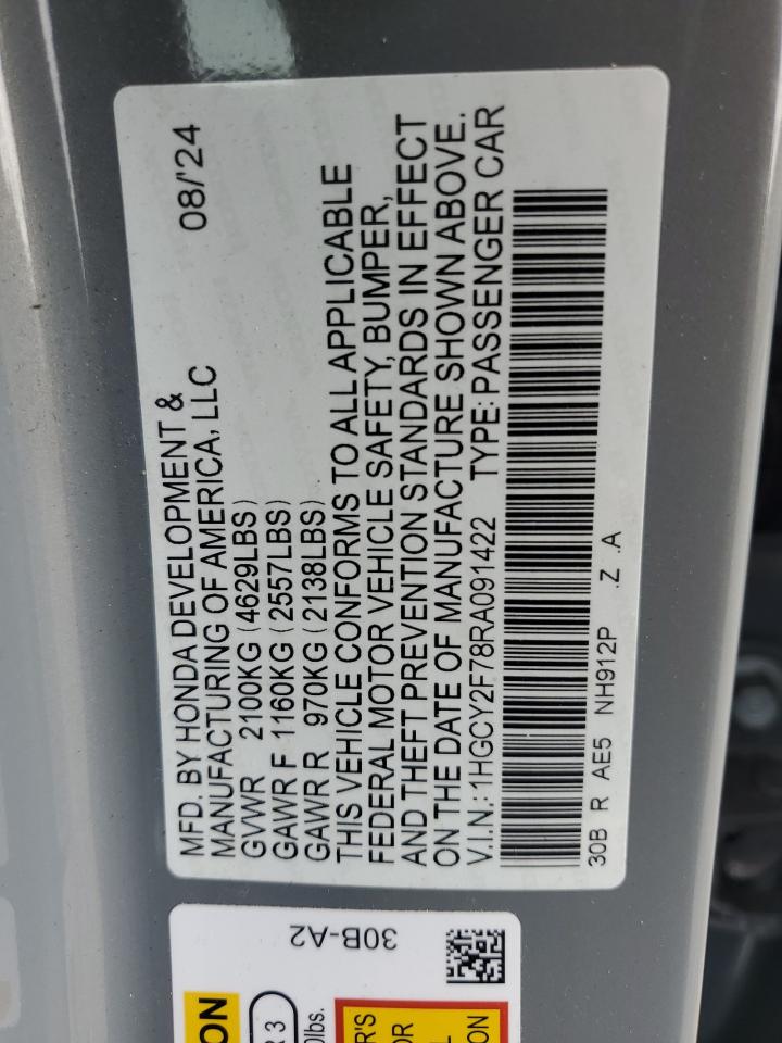 2024 Honda Accord Hybrid Sport-L VIN: 1HGCY2F78RA091422 Lot: 85781215