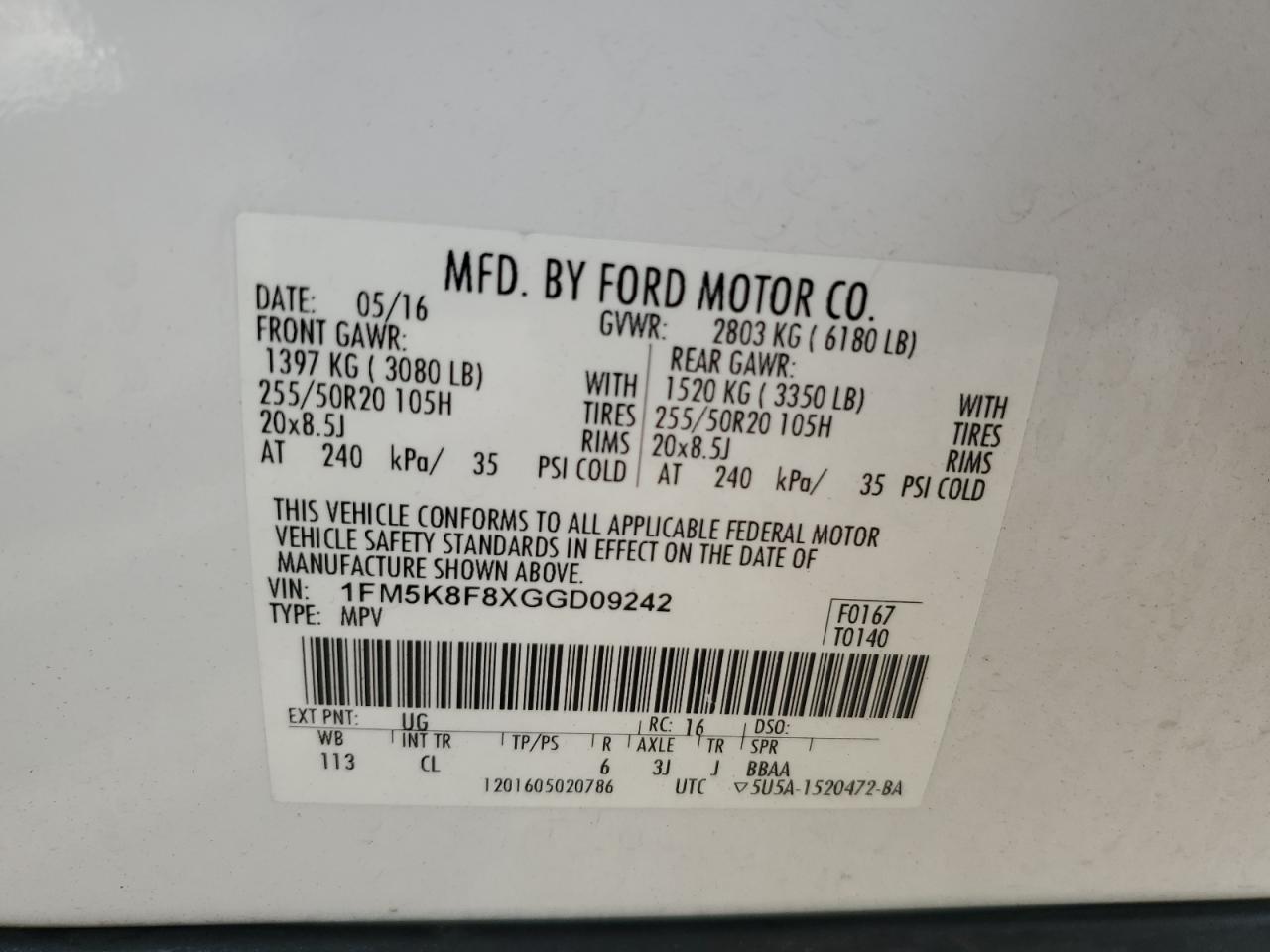2016 Ford Explorer Limited VIN: 1FM5K8F8XGGD09242 Lot: 84805425