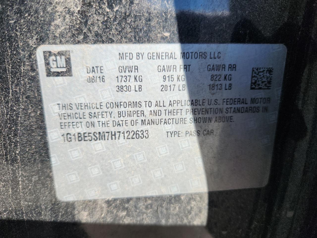 2017 Chevrolet Cruze Lt VIN: 1G1BE5SM7H7122633 Lot: 84472755