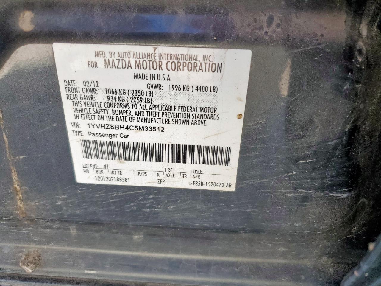 2012 Mazda 6 I VIN: 1YVHZ8BH4C5M33512 Lot: 84068475