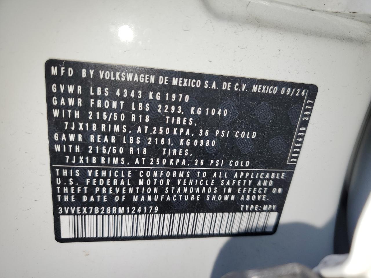 2024 Volkswagen Taos Se VIN: 3VVEX7B28RM124179 Lot: 89639215