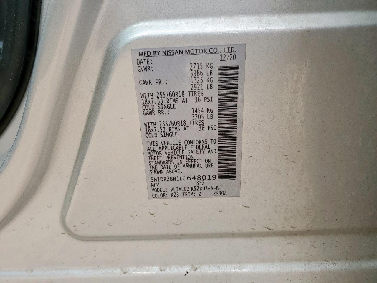 2020 Nissan Pathfinder Sv VIN: 5N1DR2BN1LC648019 Lot: 85306945