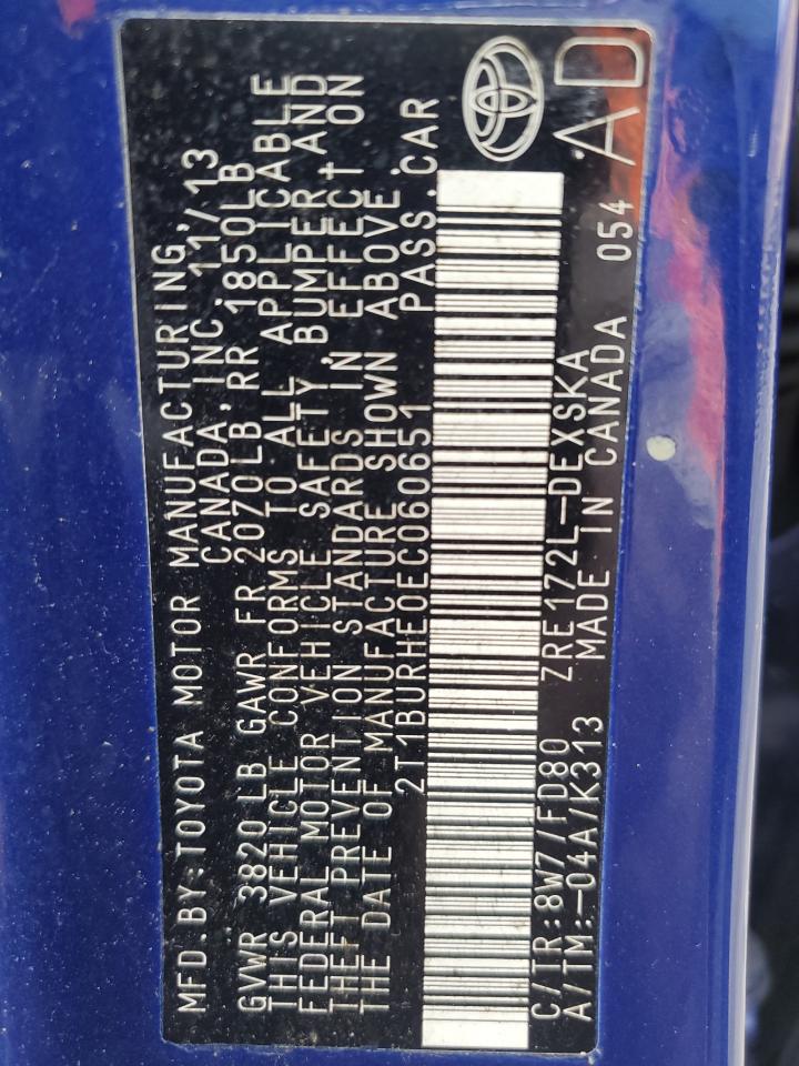 2014 Toyota Corolla L VIN: 2T1BURHE0EC060651 Lot: 86112465