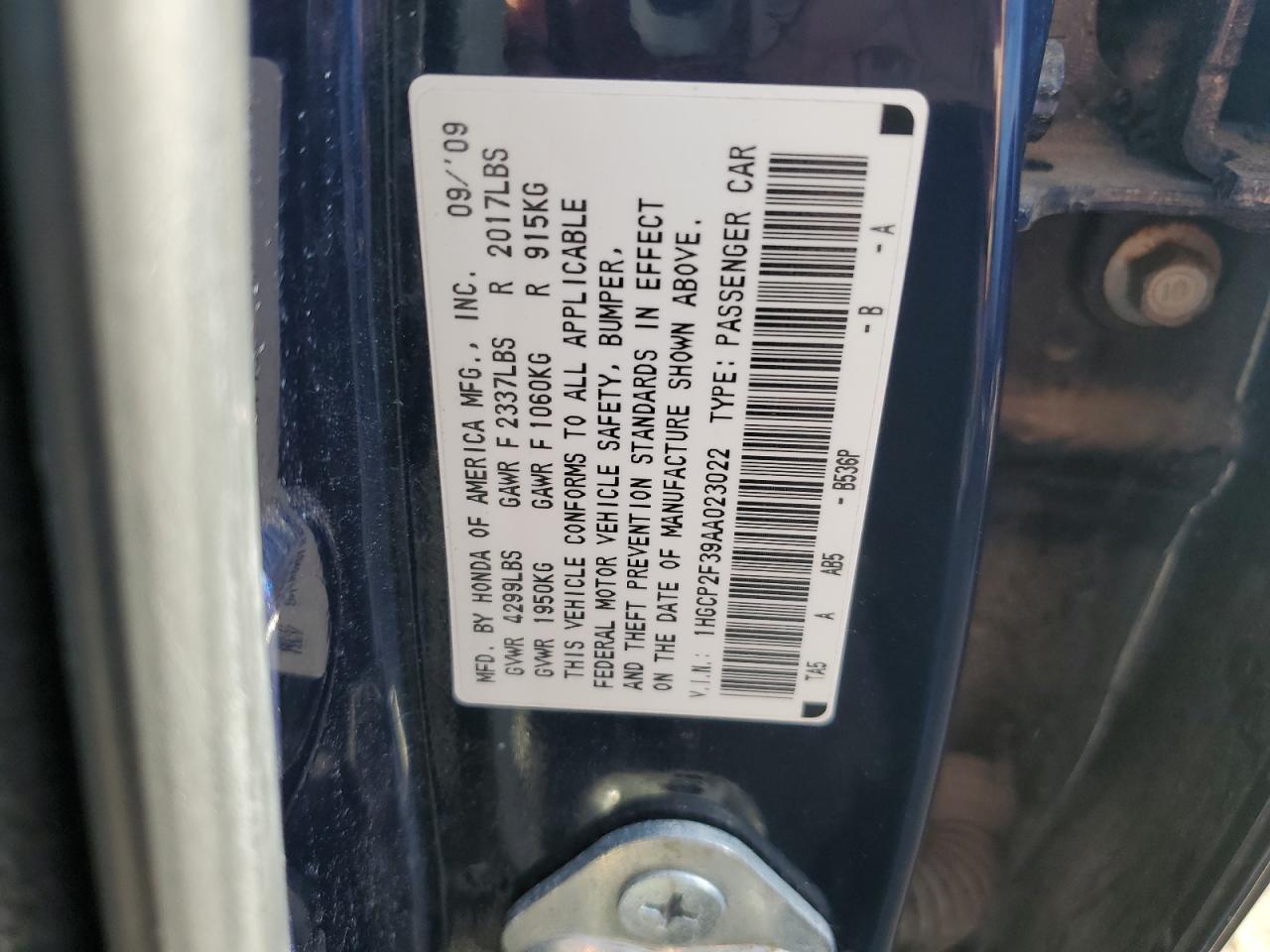 2010 Honda Accord Lx VIN: 1HGCP2F39AA023022 Lot: 84875025