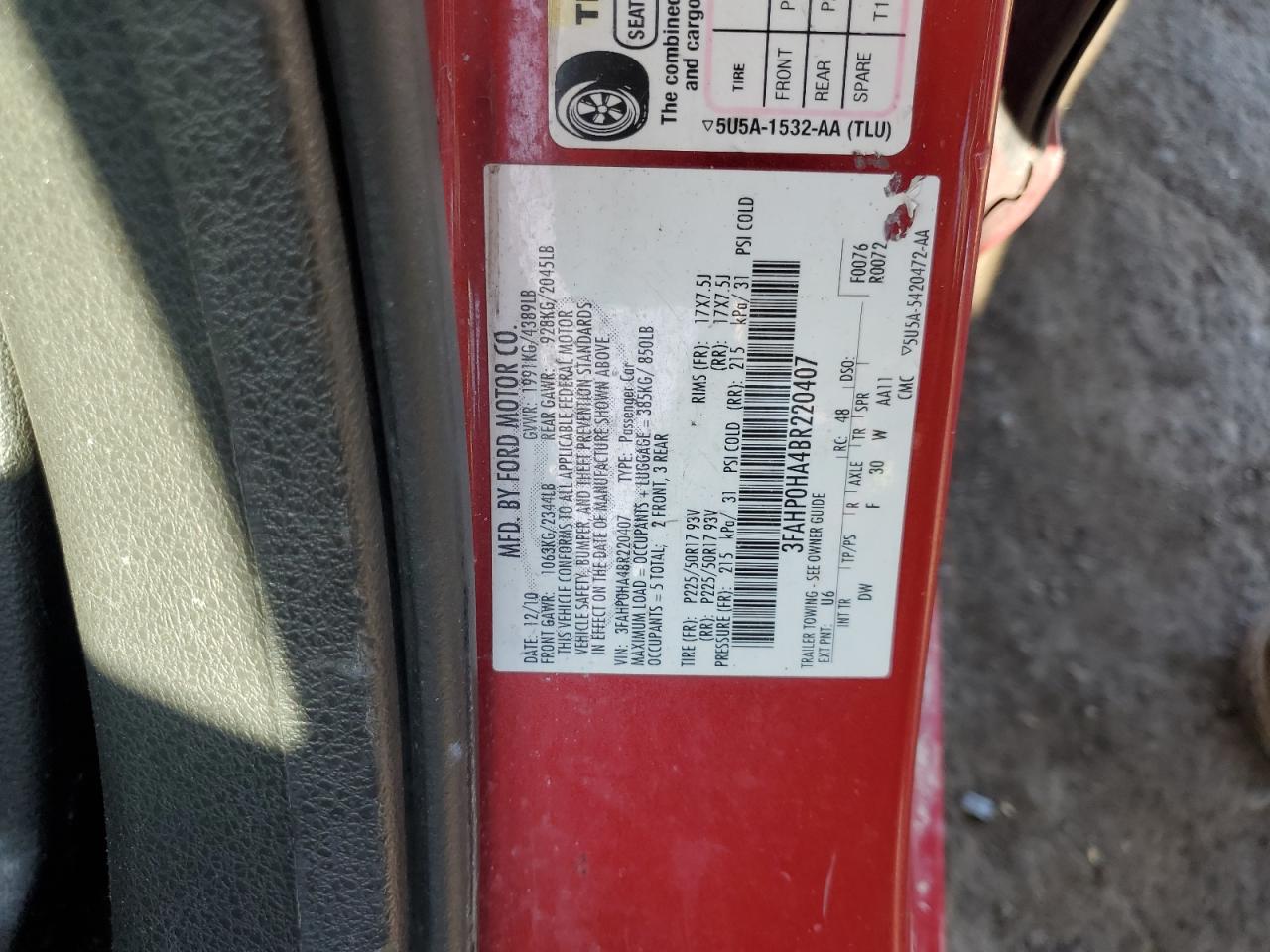 2011 Ford Fusion Se VIN: 3FAHP0HA4BR220407 Lot: 86240905