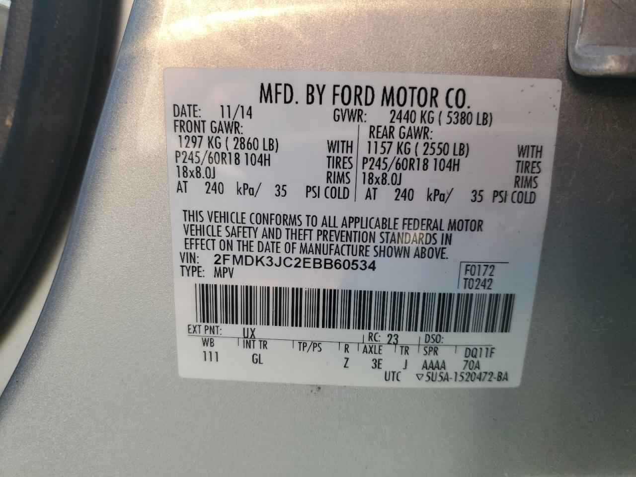 2014 Ford Edge Sel VIN: 2FMDK3JC2EBB60534 Lot: 87389955