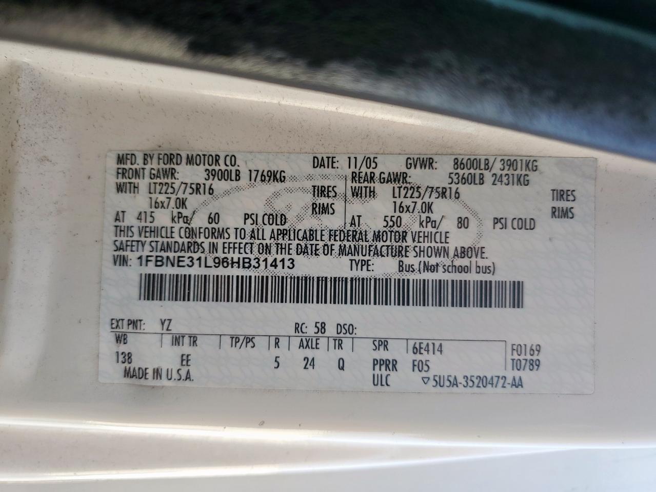 2006 Ford Econoline E350 Super Duty Wagon VIN: 1FBNE31L96HB31413 Lot: 86723935