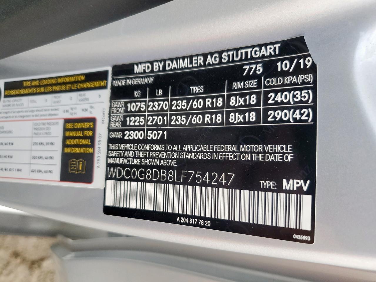 2020 Mercedes-Benz Glc 300 VIN: WDC0G8DB8LF754247 Lot: 87402925