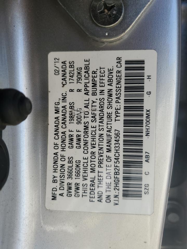 2012 Honda Civic Lx VIN: 2HGFB2F54CH334567 Lot: 84479655