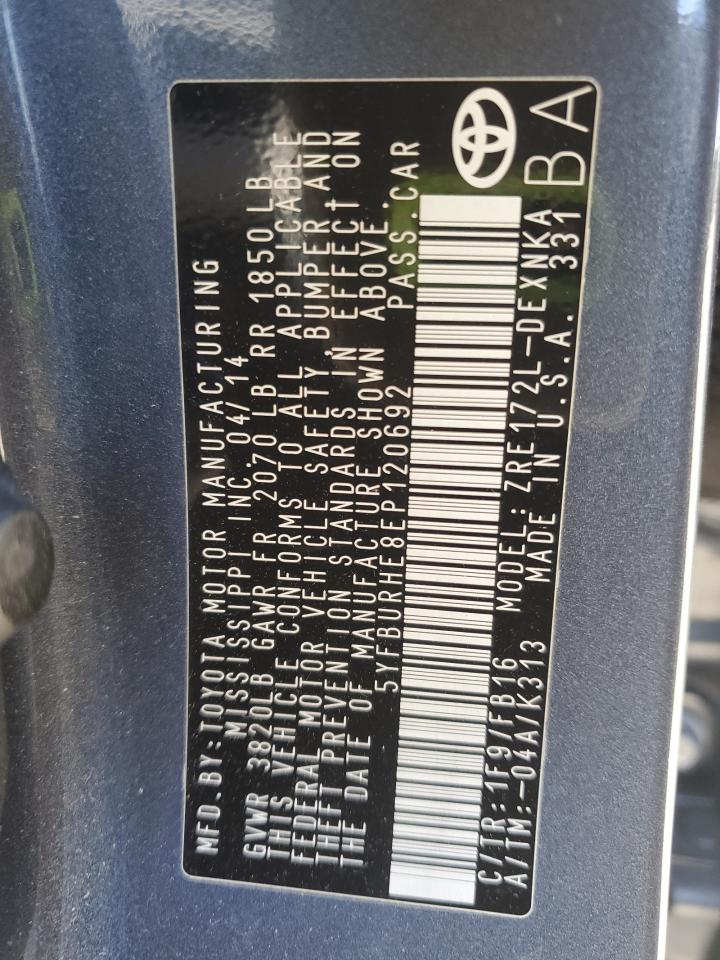 2014 Toyota Corolla L VIN: 5YFBURHE8EP120692 Lot: 85747555