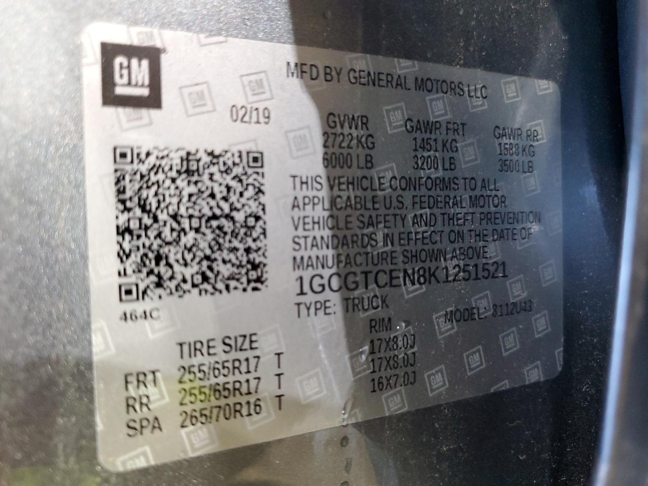 2019 Chevrolet Colorado Lt VIN: 1GCGTCEN8K1251521 Lot: 85092505