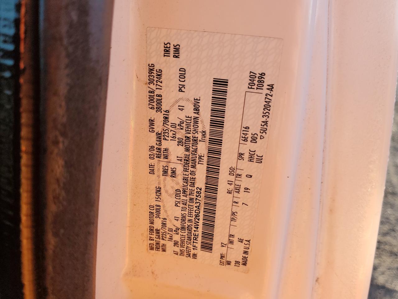 2006 Ford Econoline E150 Van VIN: 1FTRE14W26DA37582 Lot: 85396465