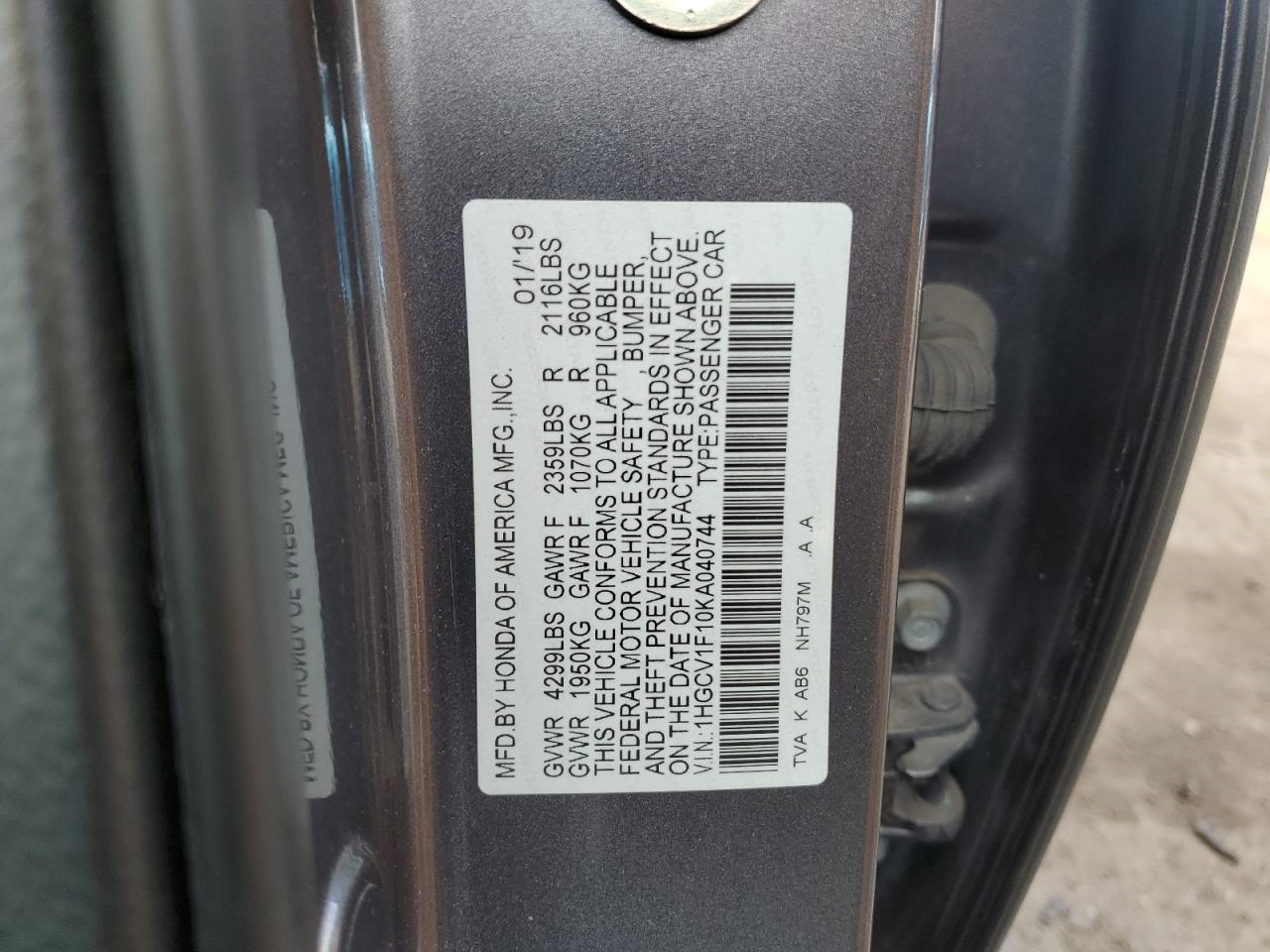 2019 Honda Accord Lx VIN: 1HGCV1F10KA040744 Lot: 86889365