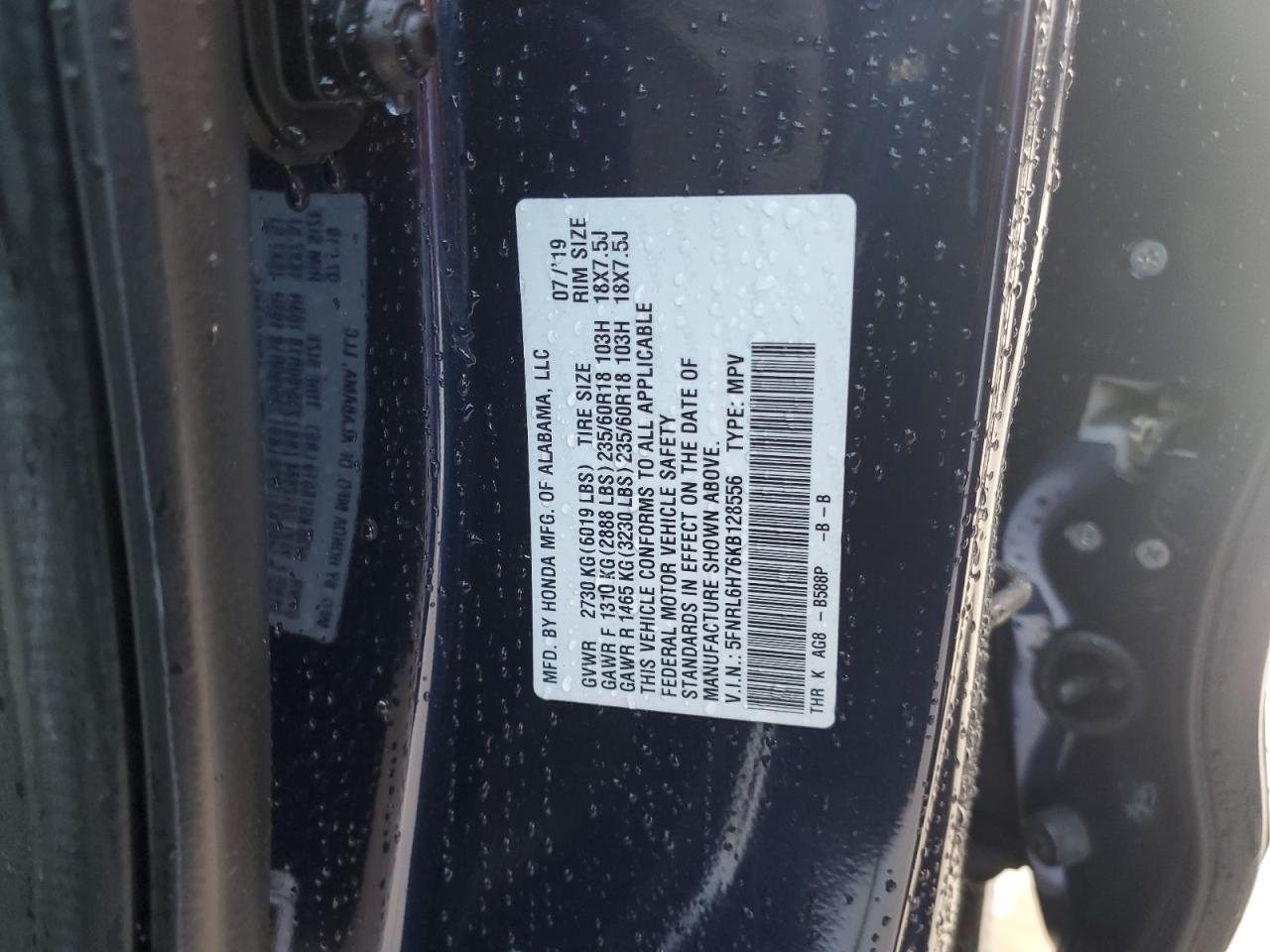 2019 Honda Odyssey Exl VIN: 5FNRL6H76KB128556 Lot: 85198255