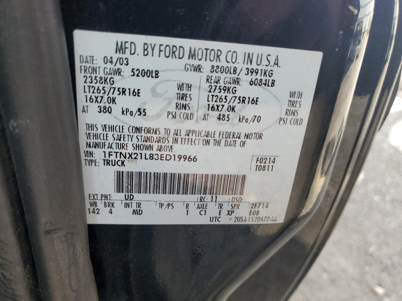 2003 Ford F250 Super Duty VIN: 1FTNX21L83ED19966 Lot: 90026005