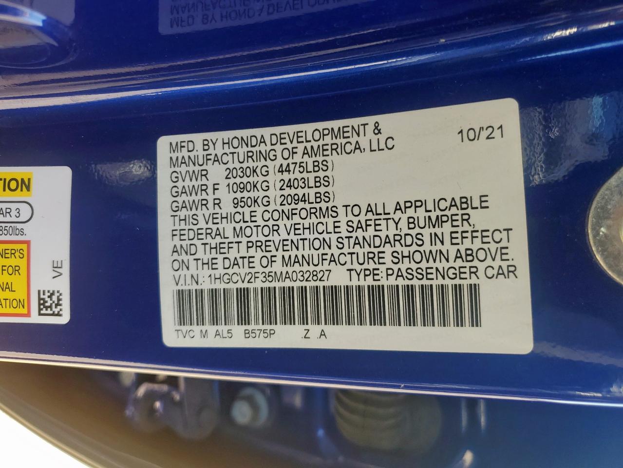 2021 Honda Accord Sport VIN: 1HGCV2F35MA032827 Lot: 85153285