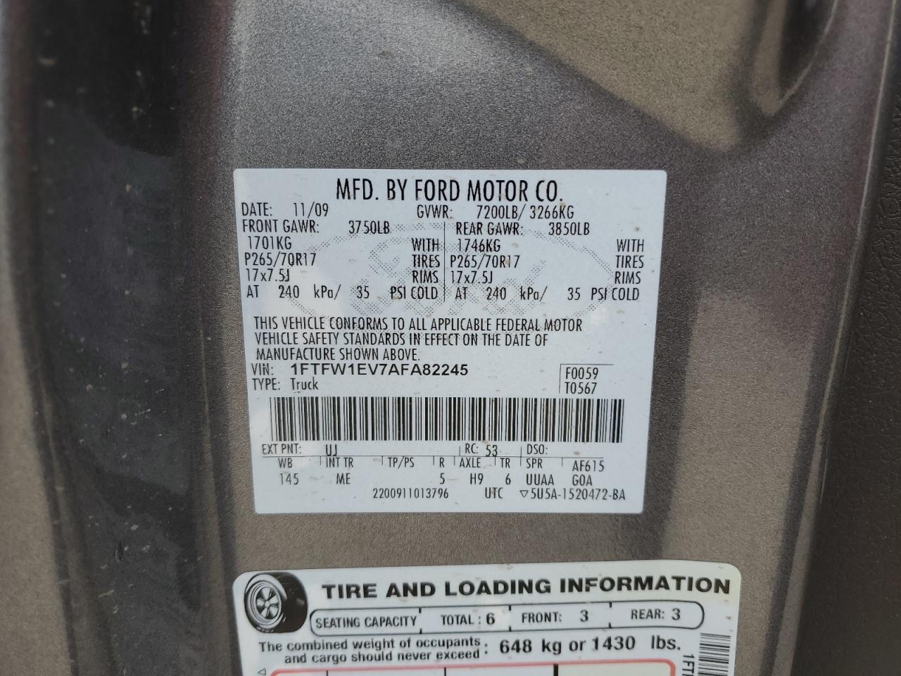 2010 Ford F150 Supercrew VIN: 1FTFW1EV7AFA82245 Lot: 86445105