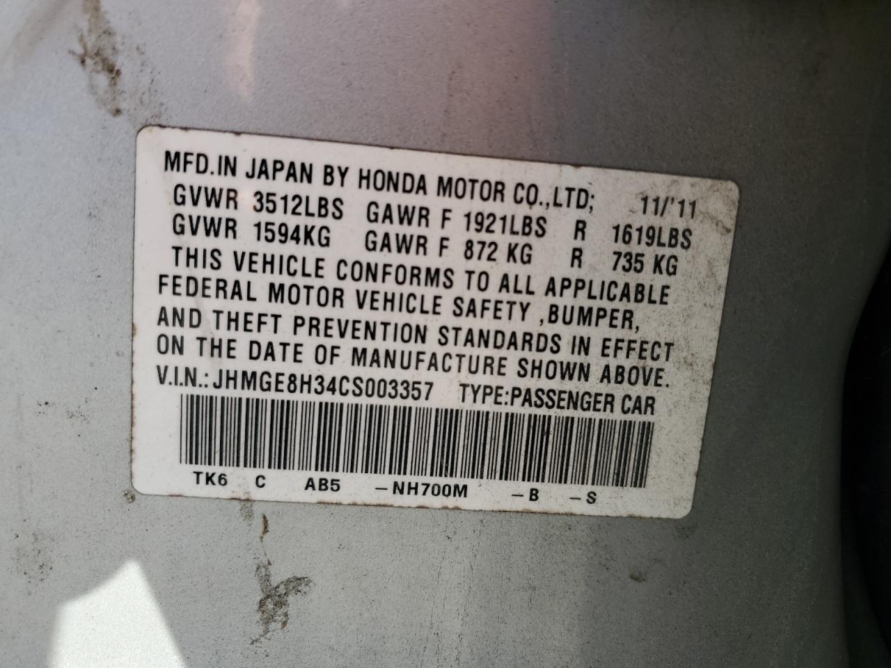 2012 Honda Fit VIN: JHMGE8H34CS003357 Lot: 85820615