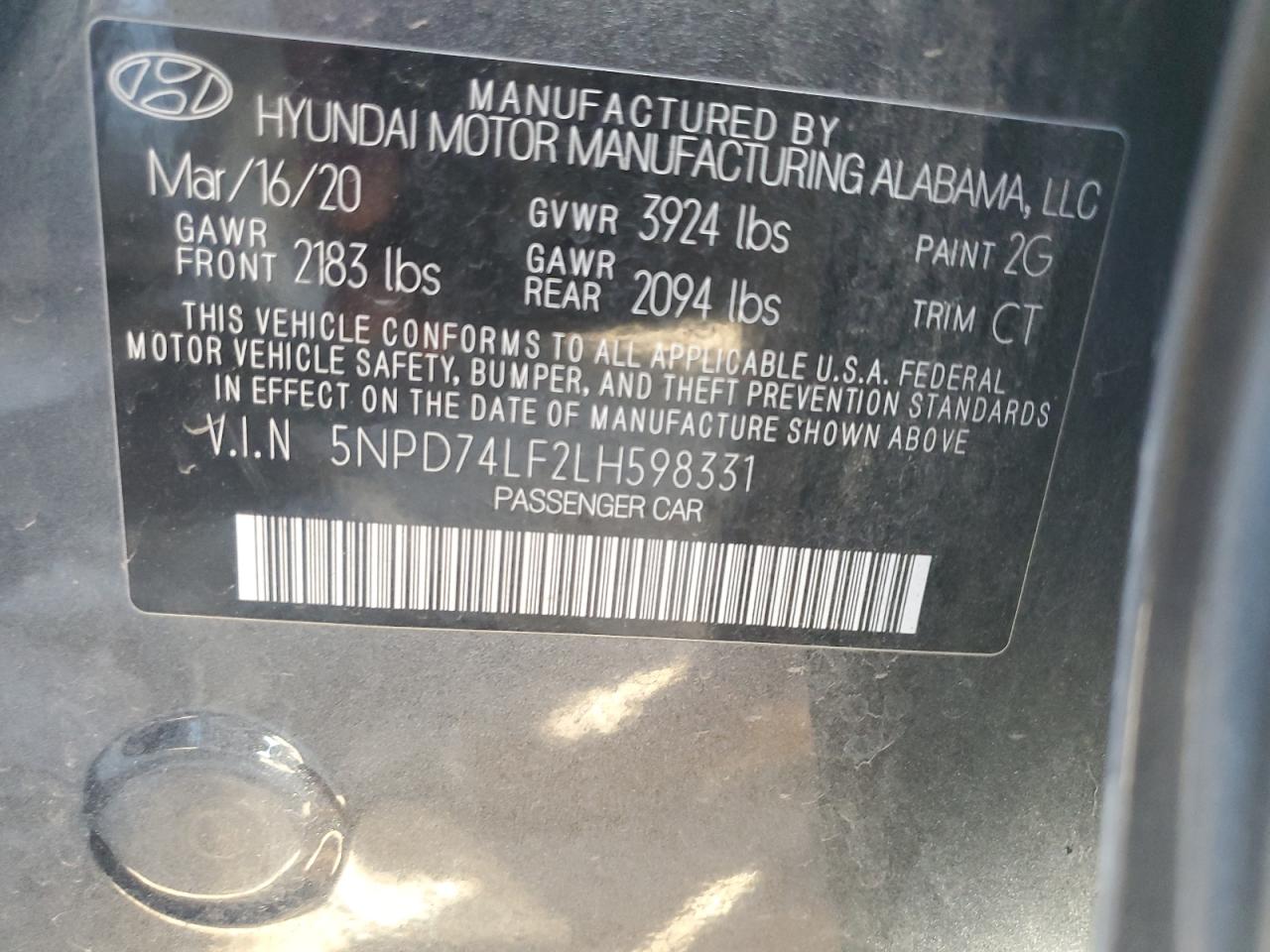 2020 Hyundai Elantra Se VIN: 5NPD74LF2LH598331 Lot: 82708865