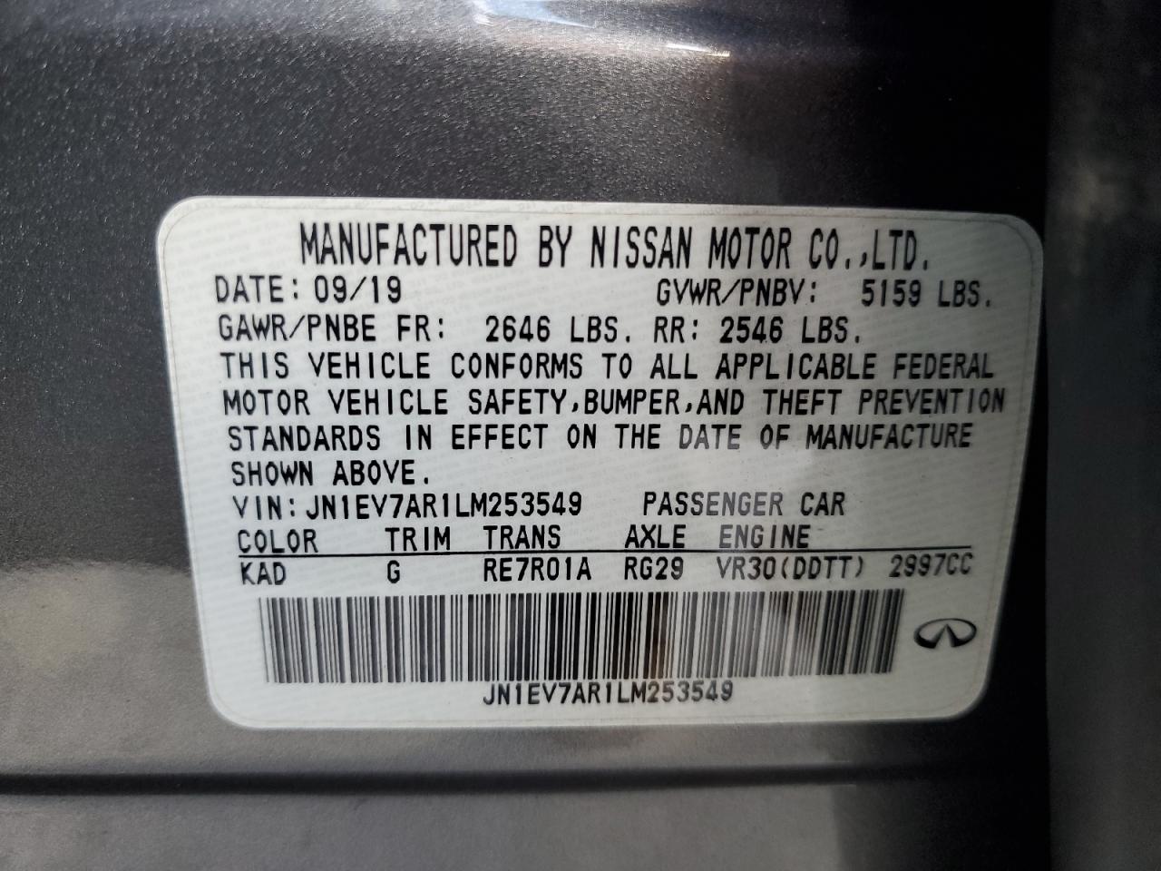 2020 Infiniti Q50 Pure VIN: JN1EV7AR1LM253549 Lot: 81855475