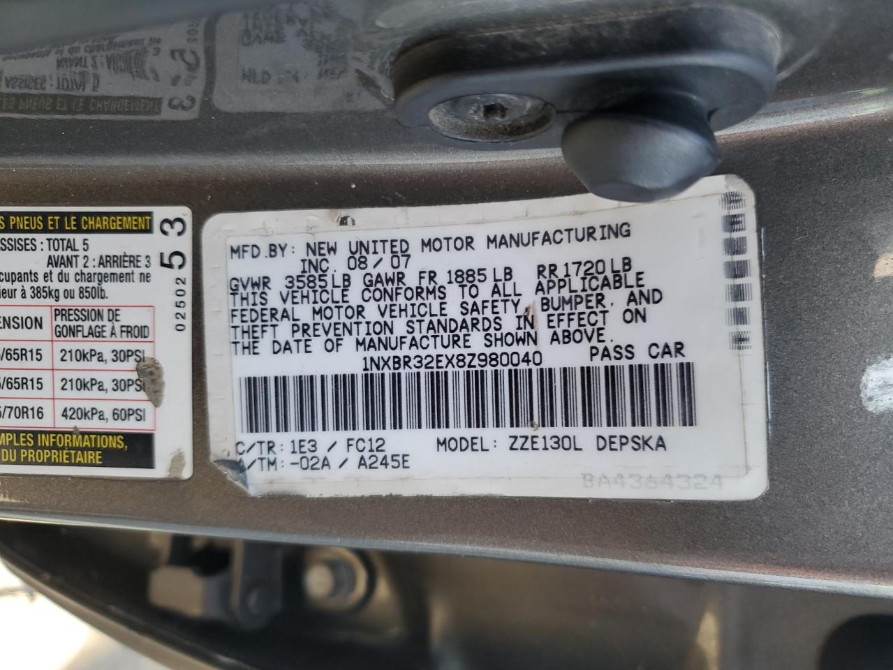 2008 Toyota Corolla Ce VIN: 1NXBR32EX8Z980040 Lot: 82644425