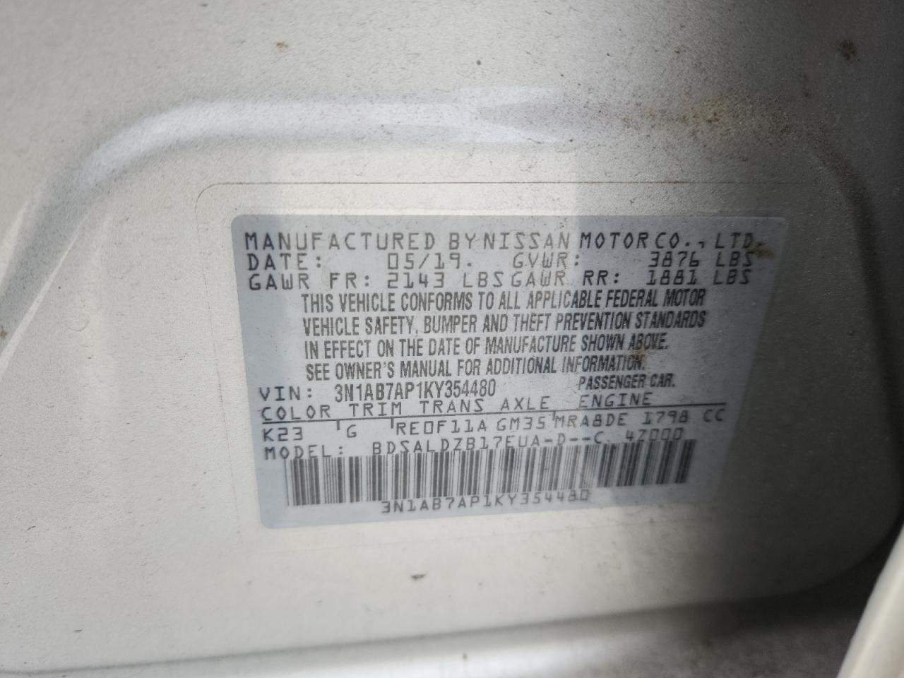 2019 Nissan Sentra S VIN: 3N1AB7AP1KY354480 Lot: 82318125