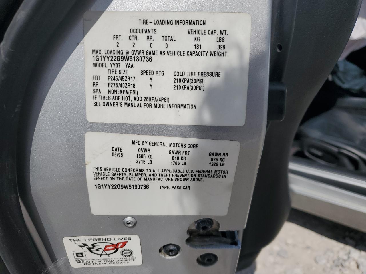 1998 Chevrolet Corvette VIN: 1G1YY22G9W5130736 Lot: 84995165