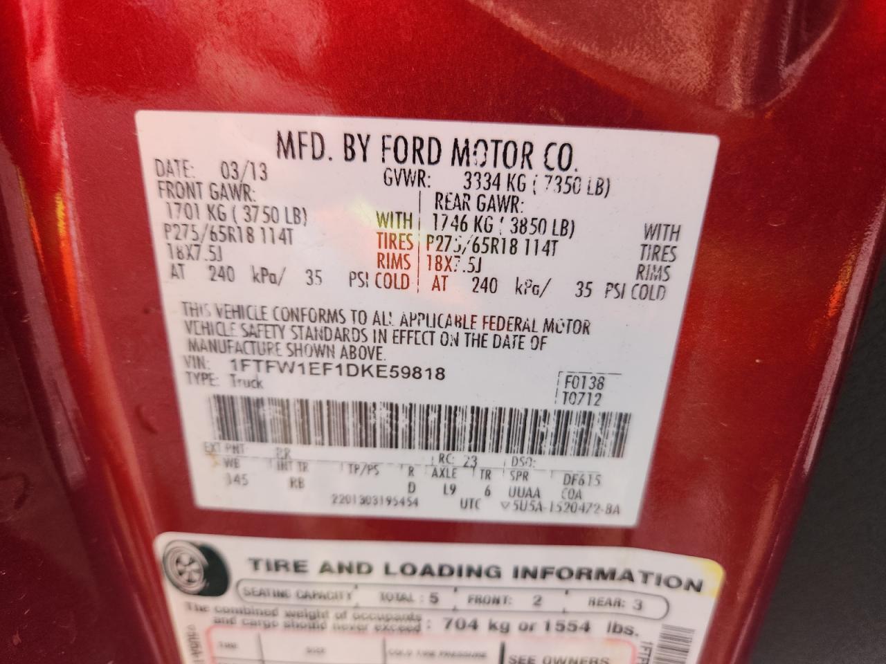 2013 Ford F150 Supercrew VIN: 1FTFW1EF1DKE59818 Lot: 85943935