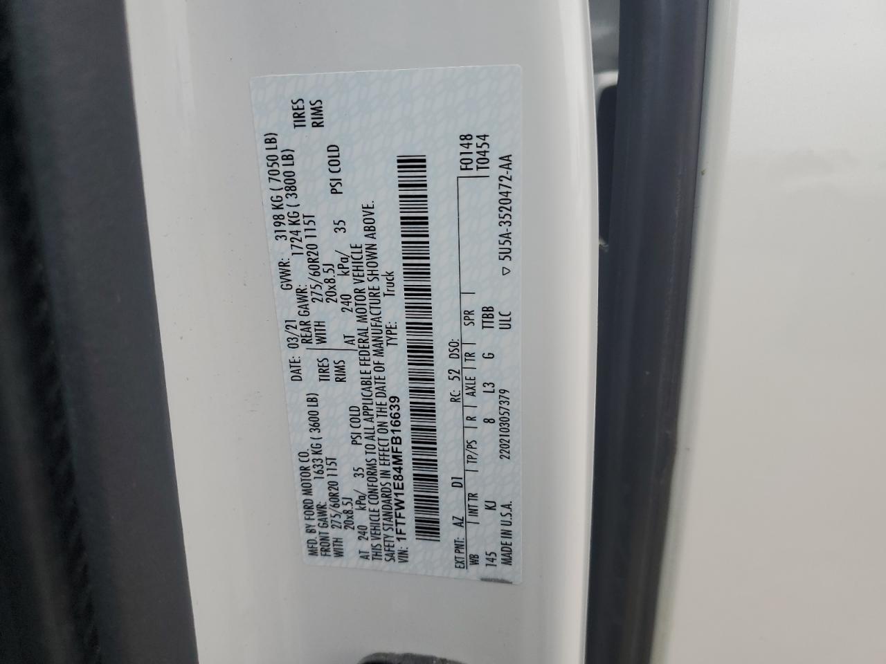 2021 Ford F150 Supercrew VIN: 1FTFW1E84MFB16639 Lot: 89703915