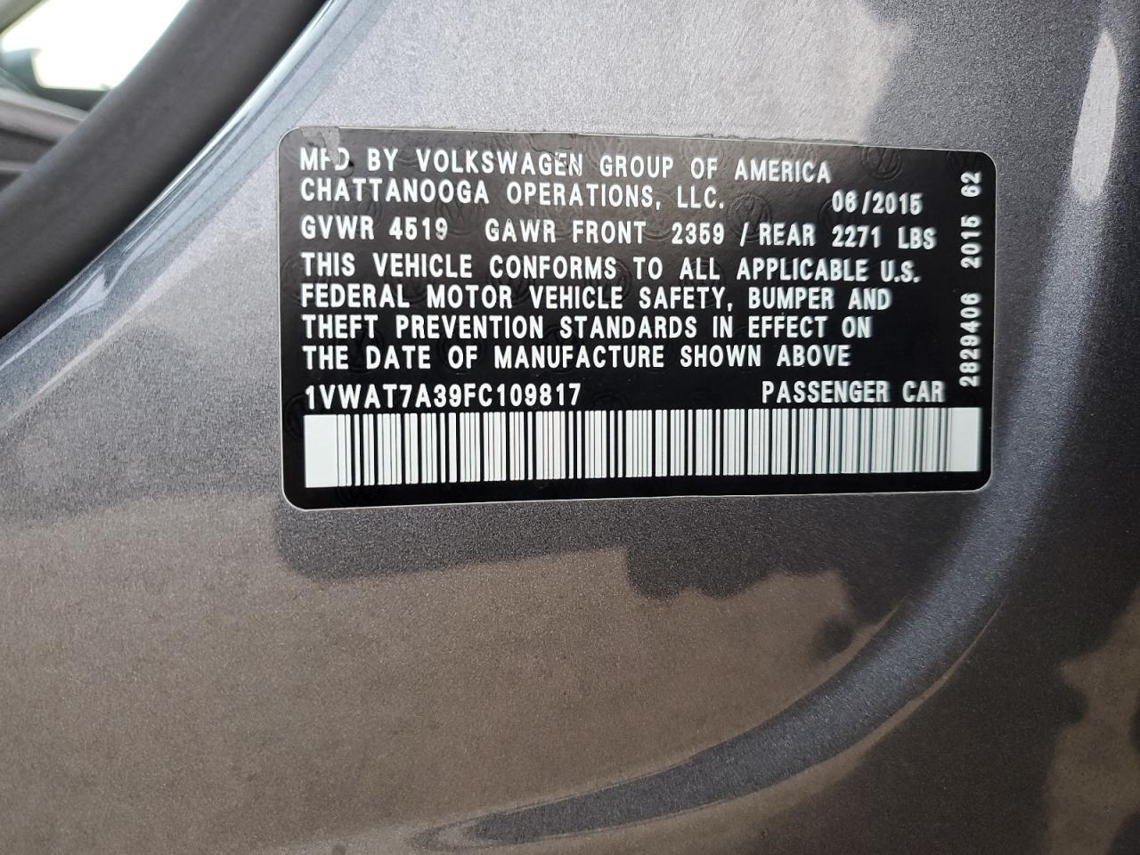 2015 Volkswagen Passat S VIN: 1VWAT7A39FC109817 Lot: 89723115