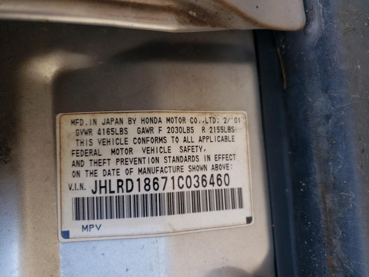 2001 Honda Cr-V Ex VIN: JHLRD18671C036460 Lot: 82327195