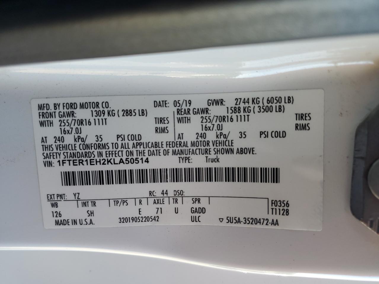 2019 Ford Ranger Xl VIN: 1FTER1EH2KLA50514 Lot: 82761135