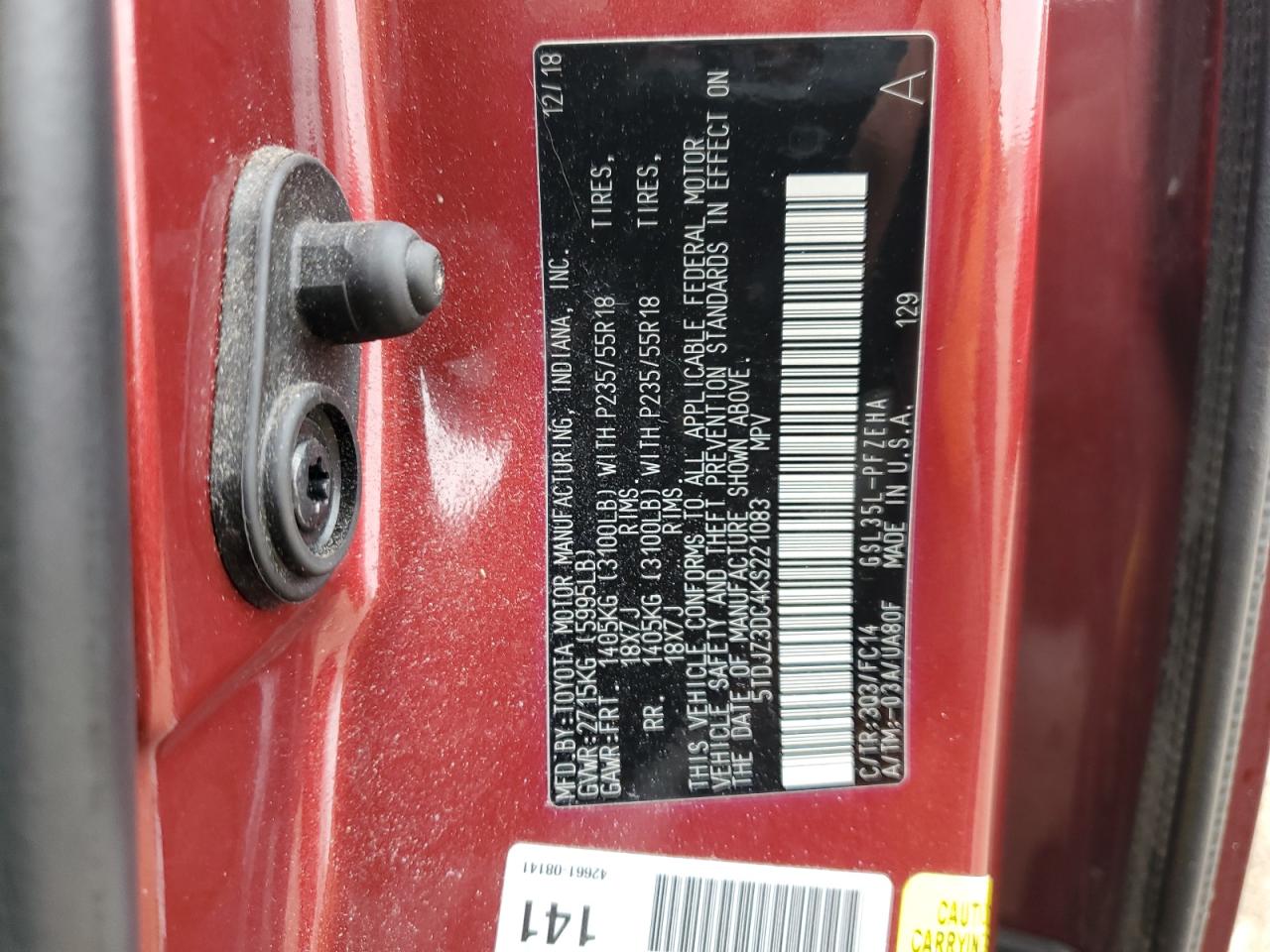 2019 Toyota Sienna Le VIN: 5TDJZ3DC4KS221083 Lot: 85360625