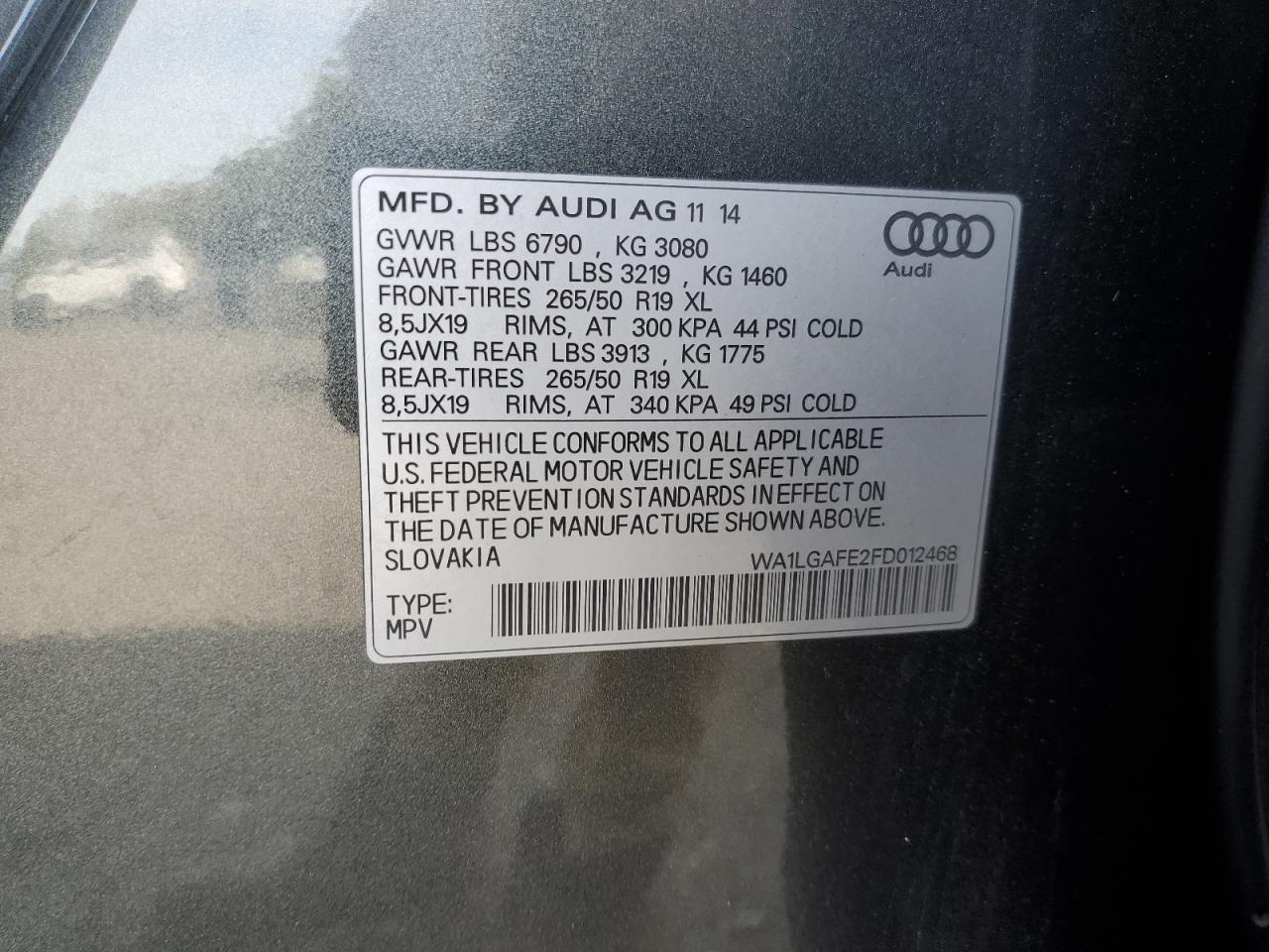 2015 Audi Q7 Premium Plus VIN: WA1LGAFE2FD012468 Lot: 84949765