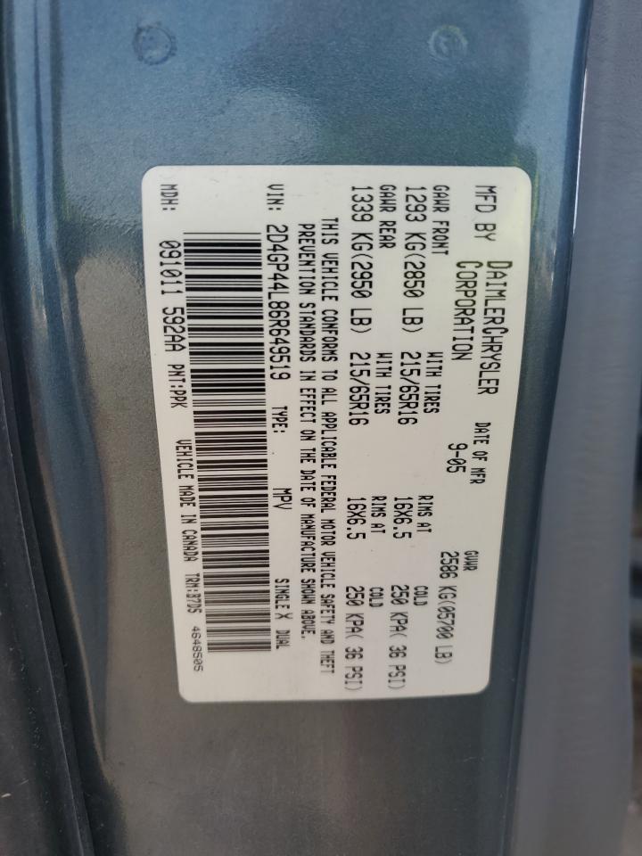 2006 Dodge Grand Caravan Sxt VIN: 2D4GP44L86R649519 Lot: 84798585