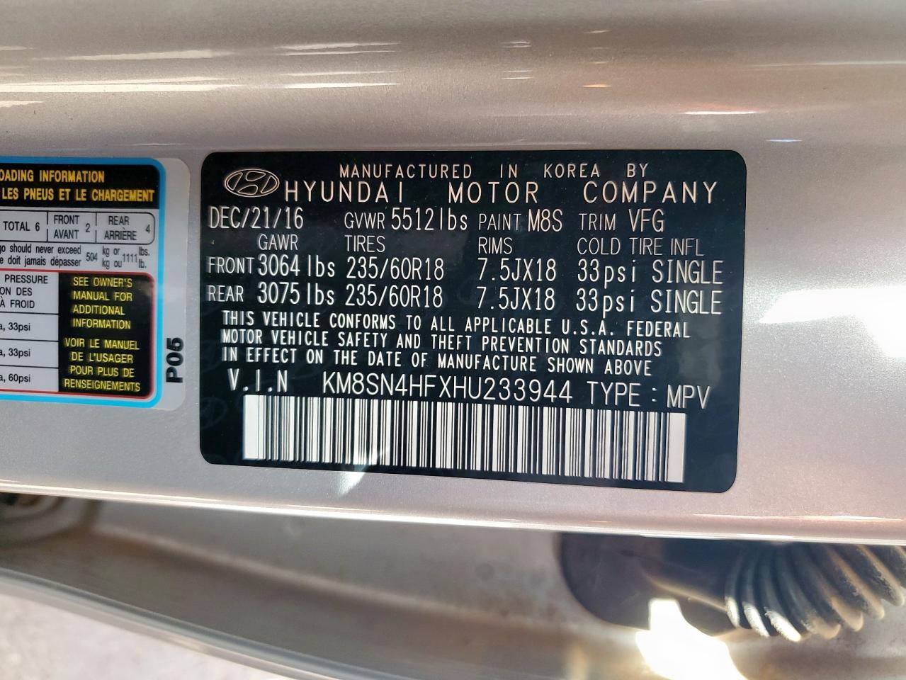 2017 Hyundai Santa Fe Se VIN: KM8SN4HFXHU233944 Lot: 84071475